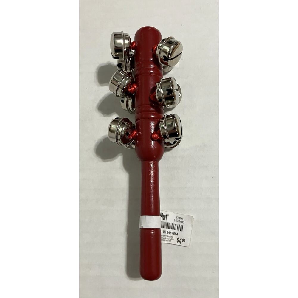 Vtg Pier 1 Handheld Christmas Jingle Bell Stick Shaker Wooden Handle Decorative